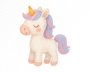 Fototapeta premium Cute felt unicorn toy with stitched edges, pastel rainbow mane and tail in pink, purple and blue, golden horn, adorable handmade plush decoration in cozy whimsical style. Watercolor vector illustratio