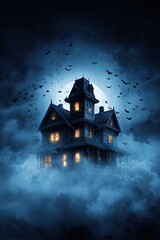 Haunted spooky house with glowing windows under full moon with bats flying in dark foggy night sky