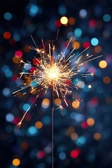 Sparkler burning with bright golden sparks against dark background with colorful festive bokeh lights