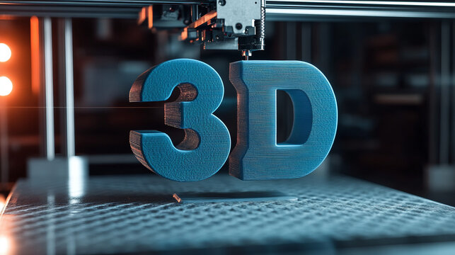 3D printer machine in blue color 3D font