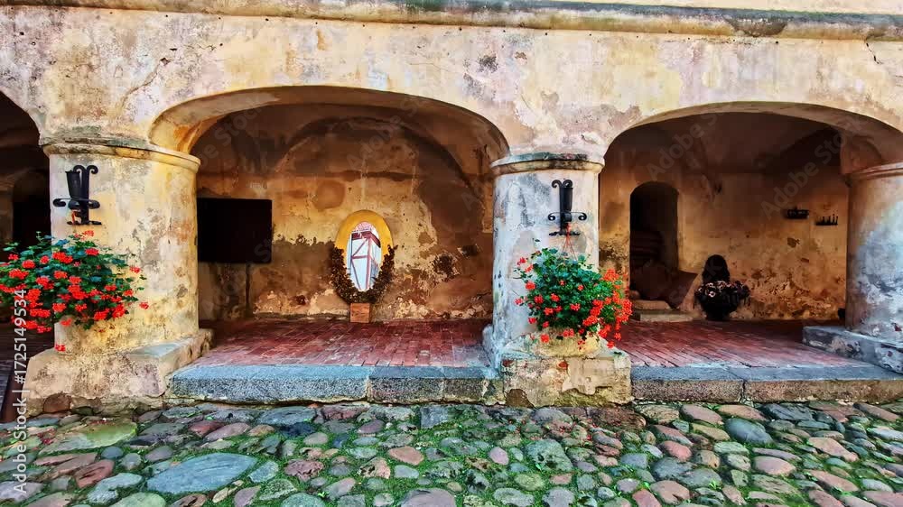 Wall mural cobblestone path into the historic courtyard of jaunpils castle, revealing the beautiful and rustic 