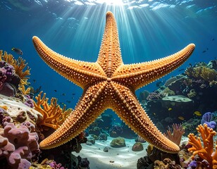 Starfish in Coral Reef Underwater Scene.