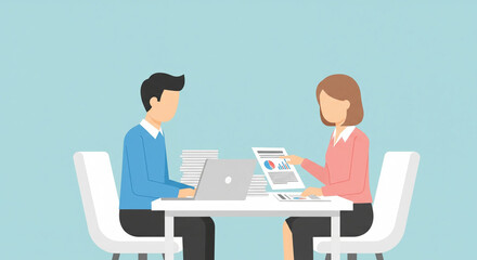 Business man and woman sitting at small white table with laptop and documents, pastel light blue background, minimalist flat style, clean space, professional teamwork vibe