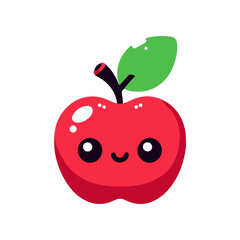 A cheerful cartoon apple with a smiling face and a green leaf, set against a plain background