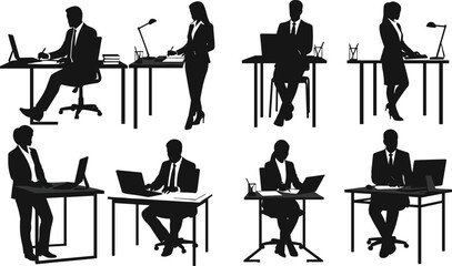 Business silhouettes, professionals, office desks, laptop work, computer use, workplace productivity, teamwork, corporate attire, writing, reading, modern office, strategy, collaboration