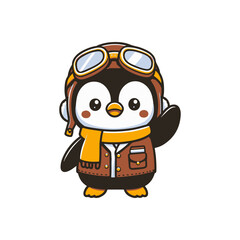 A cheerful penguin dressed as an aviator waves, set against a simple white background