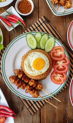 Indonesian Fried Rice with Egg and Satay – Traditional Asian Cuisine Top View