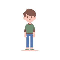 A cheerful young boy standing confidently in casual attire against a plain background