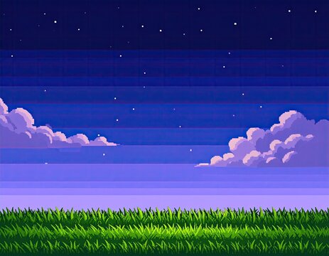 Pixelated night sky over grassy field