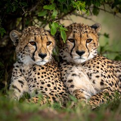 Fototapeta premium Two cheetahs resting in grass, under leaves