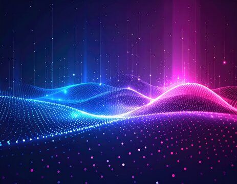 Abstract digital landscape with glowing particles.  A dark background displays vibrant blue and magenta wave-like formations composed of glowing points.  Vertical light shafts accentuate the design