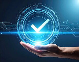 Hand holding a glowing digital check mark