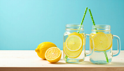 Citrus lemonade water with lemon sliced , healthy and detox water drink in summer on wooden table