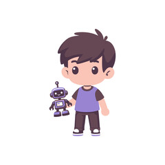 A young boy holding a toy robot, smiling joyfully, with a bright white background, ideal for children's media