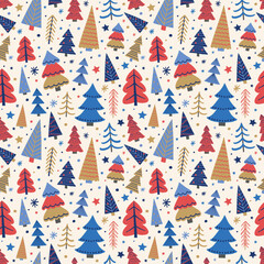 Christmas seamless pattern with cute cartoon trees and snowflakes. Wallpaper design. Vector illustration