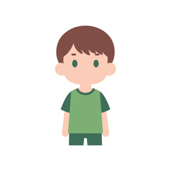 A young boy stands confidently in a simple green outfit, set against a minimalistic background