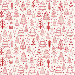 Christmas tree seamless pattern. Cute holiday background with cartoon ornaments. Vector illustration