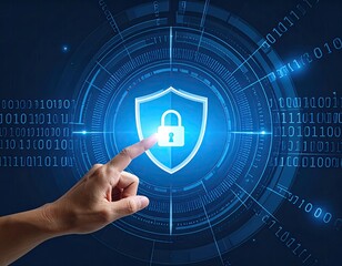 Hand pointing at a digital shield and lock graphic, overlaid with binary code