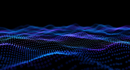 Abstract futuristic background with a digital wave of glowing particles in blue and purple, representing data visualization and network technology