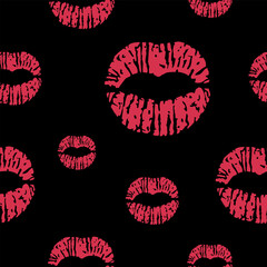 Vector seamless pattern with red lips prints on black background