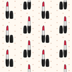 Vector seamless pattern with red lipsticks and caps on beige background with polka dot
