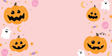 Halloween background with cute hand drawn pumpkins, ghosts and skulls in retro style. Vector illustration