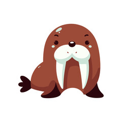 Cartoon walrus sitting playfully with a cheerful expression, set against a simple white background
