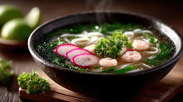 Cinematic Close Up of Asian Noodle Soup with Shrimp and Radish in Dark Bowl on Wooden Board