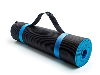 black and blue rolled yoga mat with carrying strap isolated
