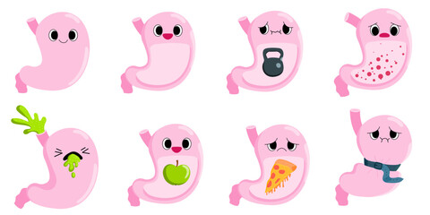 Cartoon stomach set. Digestive problems, heartburn, gastritis, atony, nausea, Helicobacter. Cartoon human internal organs. Stock vector illustration isolated on white background.