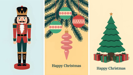 Traditional nutcracker soldier silhouette with festive christmas tree ornaments and decorated pine tree silhouette