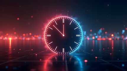 Modern clock ticking down in vibrant cityscape at night with neon glow for urgency and deadlines