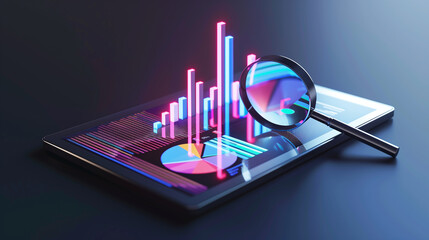 Digital tablet with 3D charts and magnifying glass