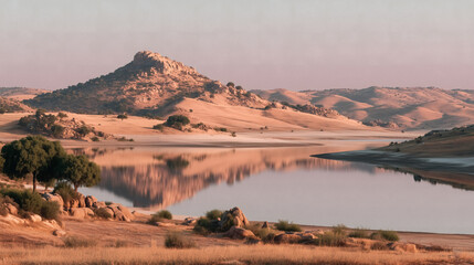 Serene reservoir landscape bathed in warm golden hour light with rolling hills and calm water reflections