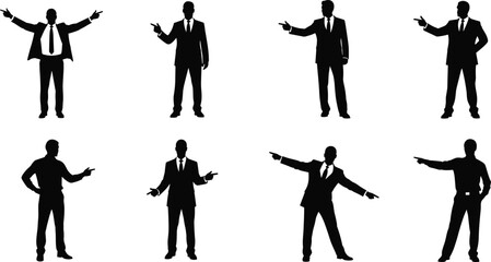 Silhouette business men pointing in various poses, professional gestures, teamwork concept, isolated on white, presentation and discussion icons