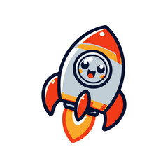 Colorful cartoon rocket character with a smiling face, launching into space with vibrant flames