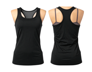 Front and back views of a black athletic tank top with a contrasting gray lining