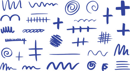 Collection of Blue Hand-Drawn Scribbles and Symbols on White Background
