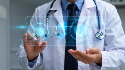 A physician interacts with a futuristic holographic interface displaying vital health statistics and a medical cross.