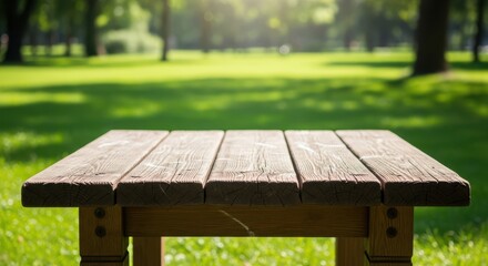 Fototapeta premium Empty Wooden Picnic Table in a Sunny Green Park Outdoor Setting