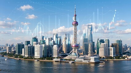 Futuristic Cityscape with Overlay of Financial Market Data and Stock Charts Under a Blue Sky