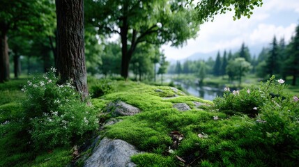 Fototapeta premium Lush Green Mossy Landscape with Trees and River in Background Under Cloudy Sky Outdoor Scenery Photography Tranquil Nature Scene