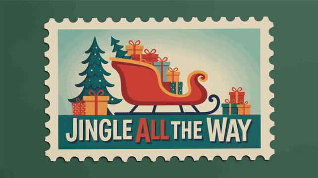 Festive christmas postage stamp featuring a red santa sleigh overflowing with gifts and a decorated evergreen tree in silhouette