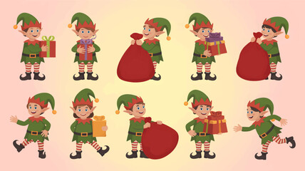 Naklejka premium Collection of cheerful christmas elves in green and red outfits holding gifts and sacks in a silhouette style