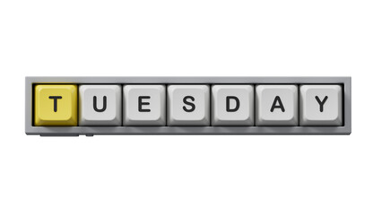 Tuesday.Computer keyboard keys spelling.Flat lay view with computer keyboard keys buttons.IT technology concept.Supports PNG files with transparent backgrounds.