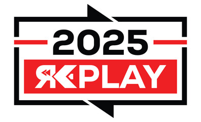 Minimalist 2025 logo design with bold black numerals above a red bar. White text "REPLAY" with rewind and play symbols inside. Clean, modern, flat graphic style on white background.