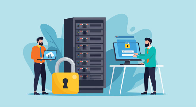 Secure data center operations two technicians monitor server rack and computer security system vector - Powered by Adobe