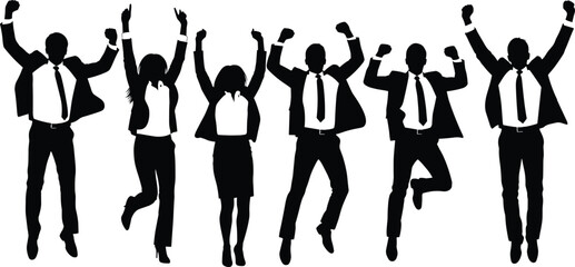 Silhouetted business team jumping in celebration, successful teamwork achievement, corporate victory concept, professional people celebrating success, motivation and leadership