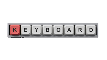 Keyboard.Computer keyboard keys spelling.Flat lay view from above on white background with computer keyboard keys buttons.IT technology concept.Supports PNG files with transparent backgrounds.