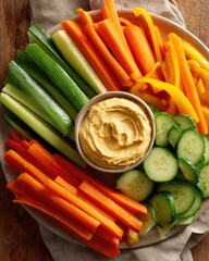 Photorealistic top-down shot of raw vegetable platter (carrot sticks, cucumber slices, bell pepper) with a small bowl of hummus on white
